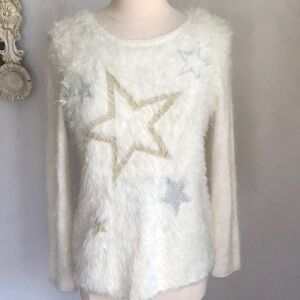 H&M Girls White oversized,fluffy,soft Sweater w/Gold & Sliver Stars Size 12-14Y